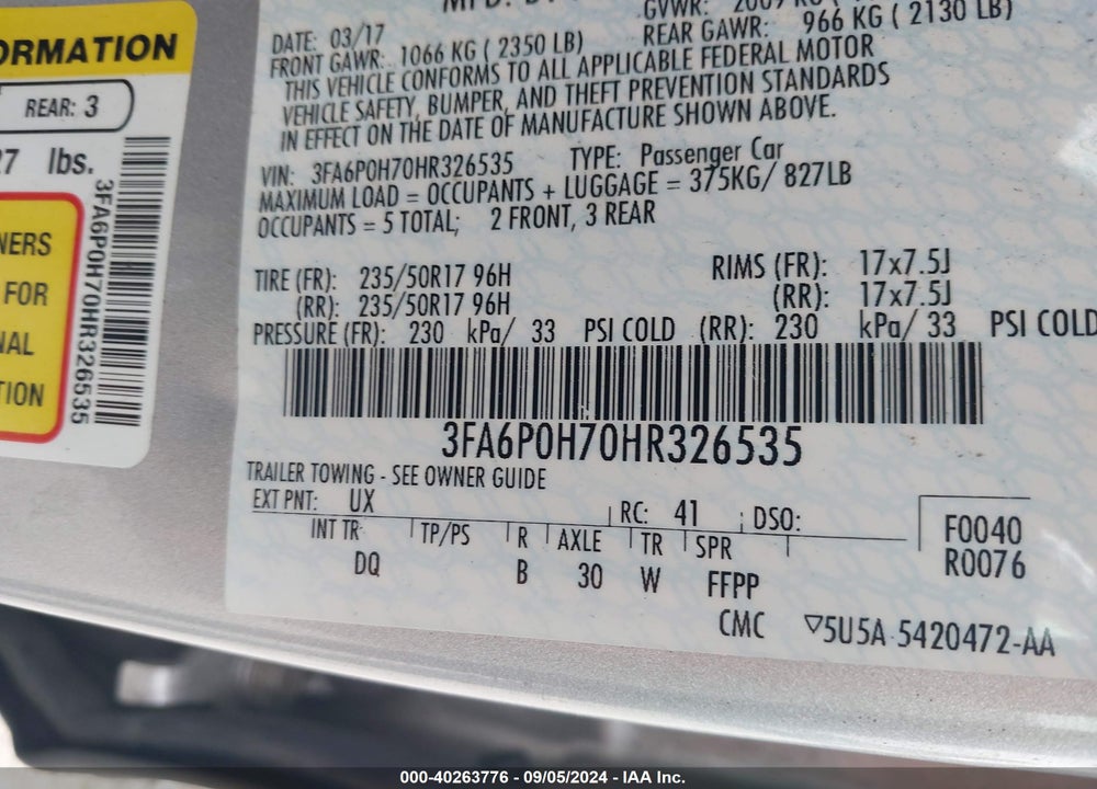 2017 FORD FUSION SE VIN: 3FA6P0H70HR326535