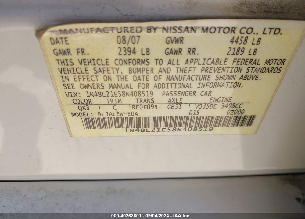 2008 NISSAN ALTIMA 3.5 SL VIN: 1N4BL21E58N408519