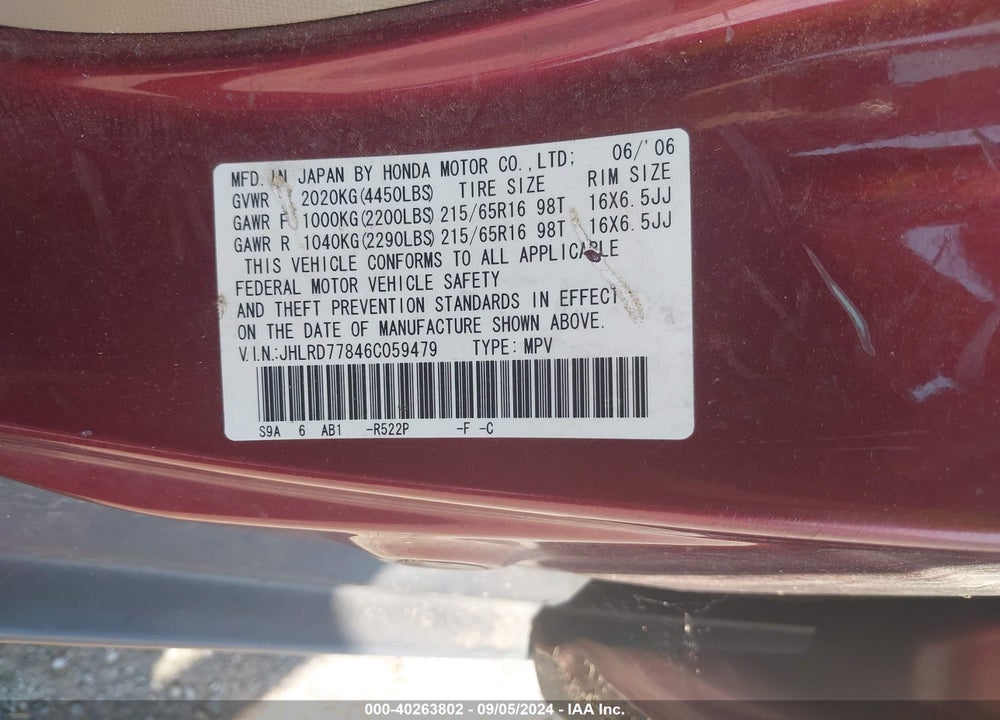 2006 HONDA CR-V EX VIN: JHLRD77846C059479