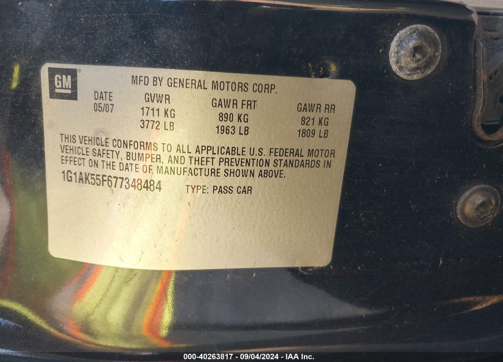 2007 CHEVROLET COBALT LS VIN: 1G1AK55F677348484