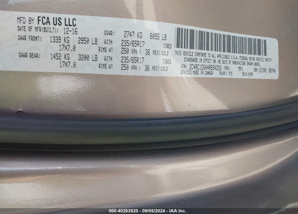 2017 CHRYSLER PACIFICA TOURING VIN: 2C4RC1DG4HR654223