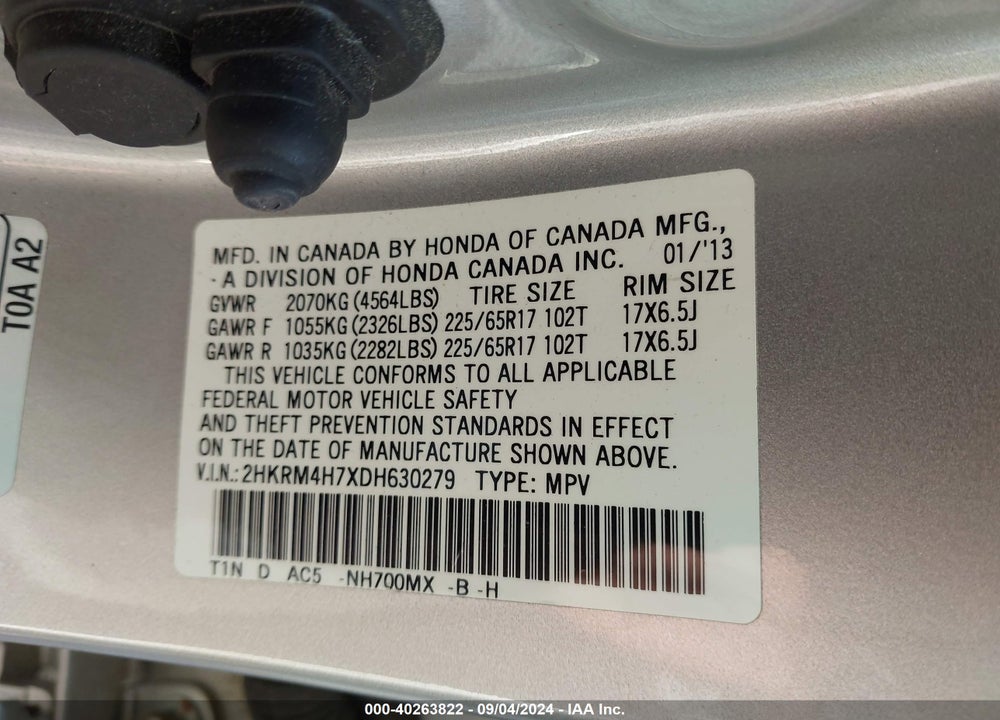 2013 HONDA CR-V EX-L VIN: 2HKRM4H7XDH630279
