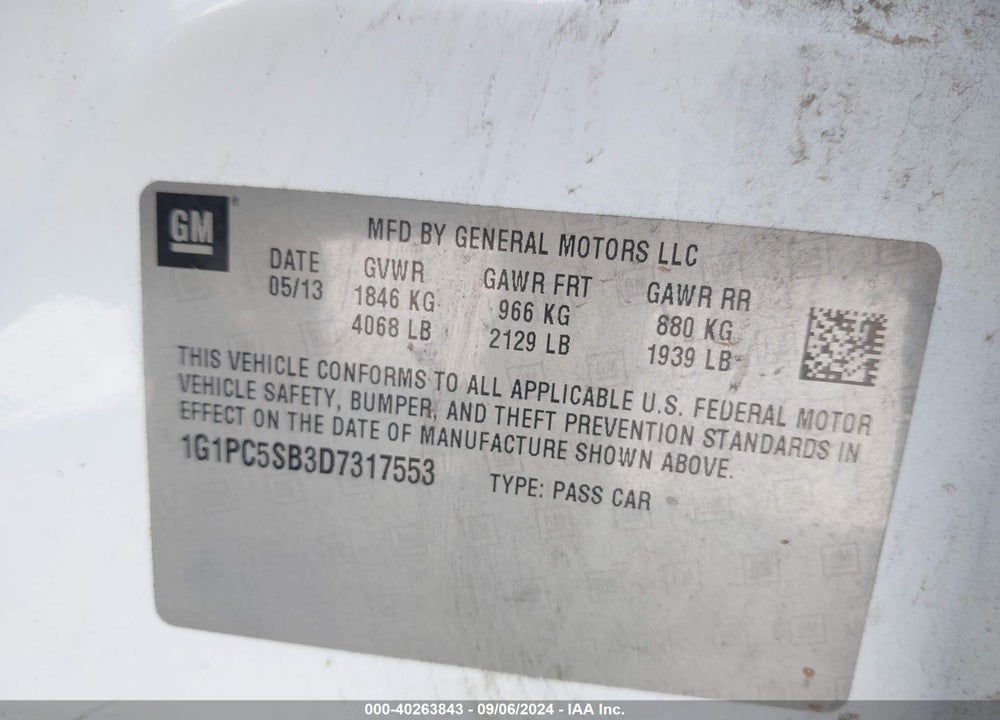 2013 CHEVROLET CRUZE VIN: 1G1PC5SB3D7317553