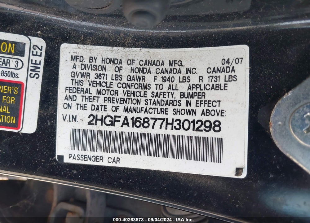 2007 HONDA CIVIC EX VIN: 2HGFA16877H301298