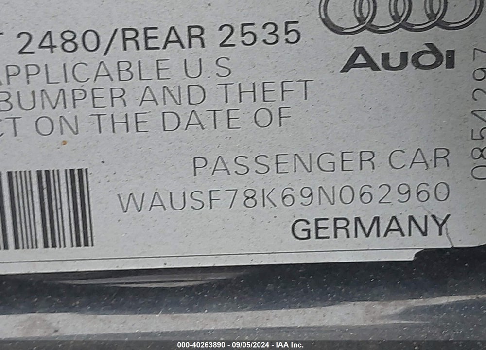 2009 AUDI A4 VIN: WAUSF78K69N062960