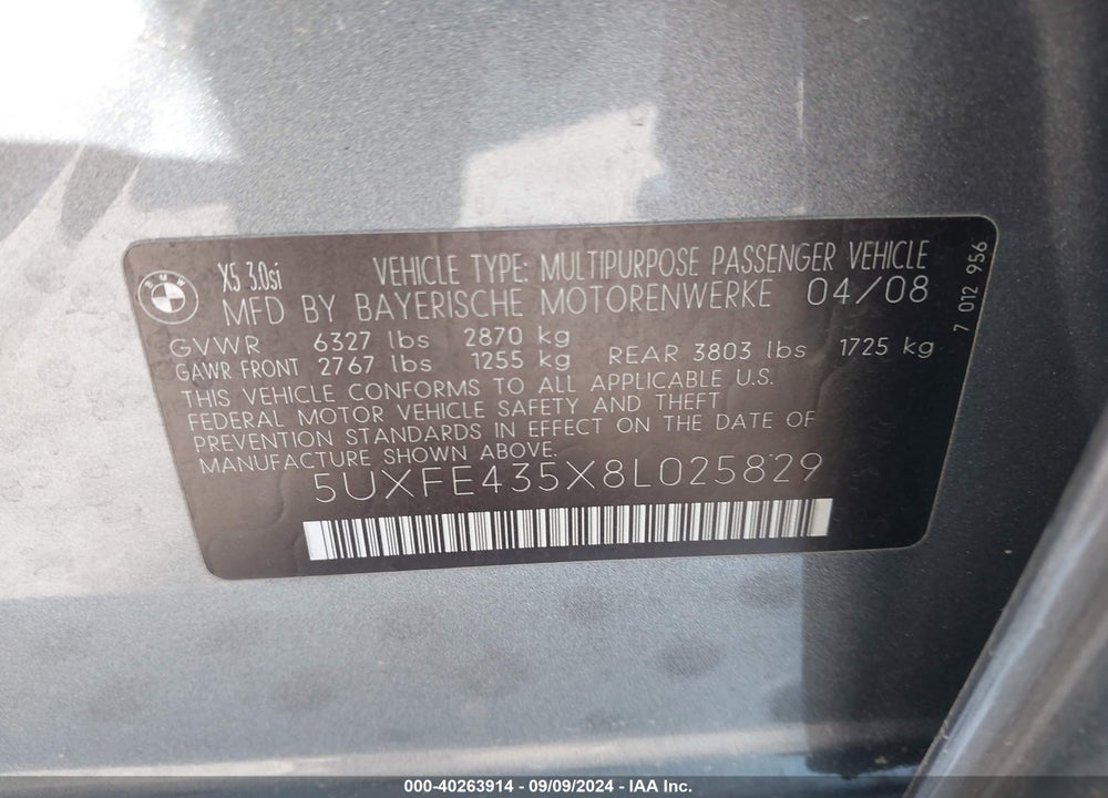 2008 BMW X5 3.0SI VIN: 5UXFE435X8L025829