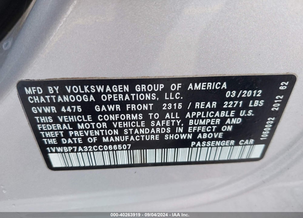 2012 VOLKSWAGEN PASSAT VIN: 1VWBP7A32CC066507