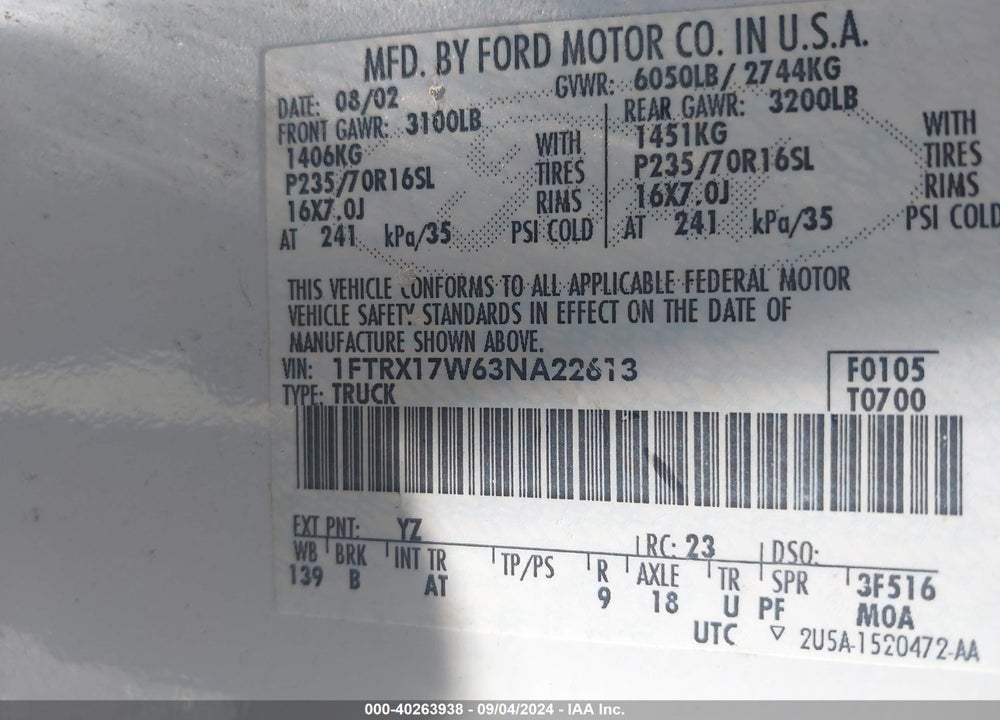 2003 FORD F-150 LARIAT/XL/XLT VIN: 1FTRX17W63NA22613