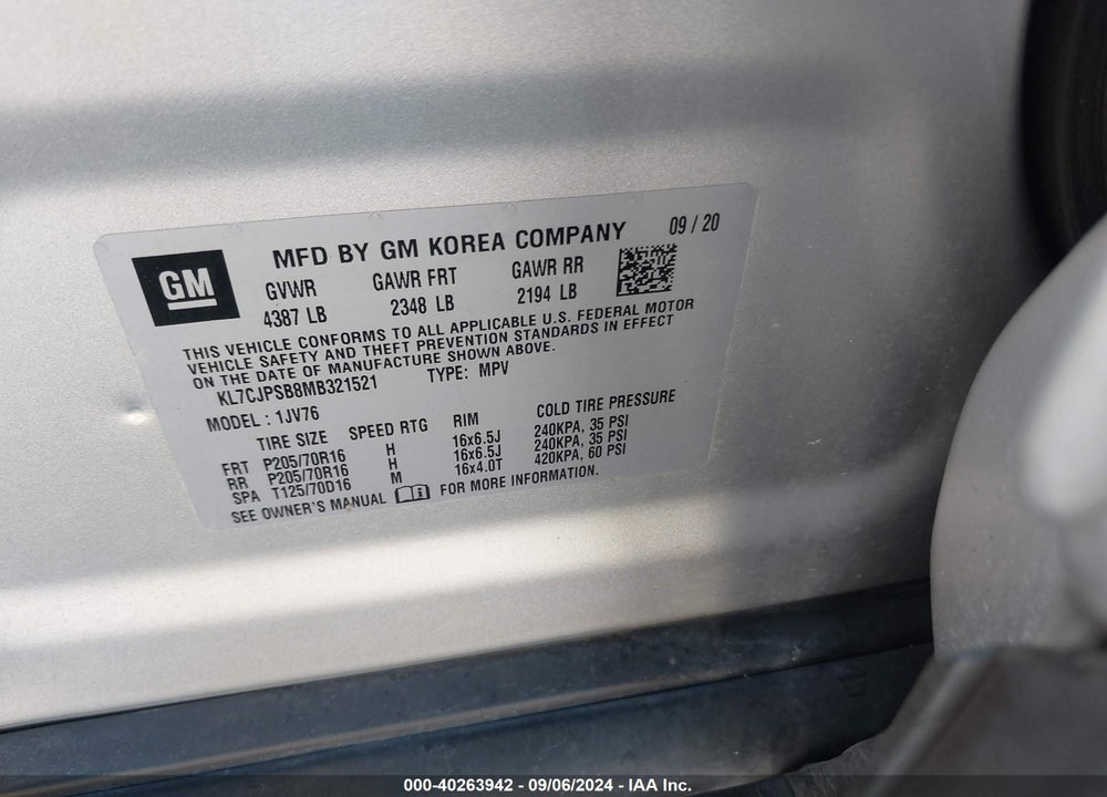 2021 CHEVROLET TRAX AWD LT VIN: KL7CJPSB8MB321521