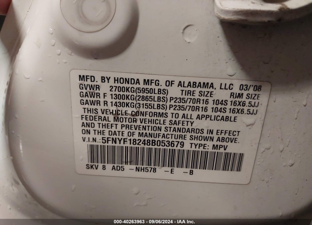 2008 HONDA PILOT VP VIN: 5FNYF18248B053679