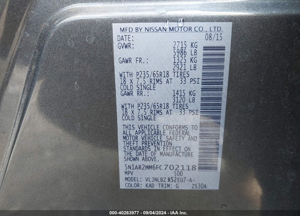 2015 NISSAN PATHFINDER S VIN: 5N1AR2MM6FC702118