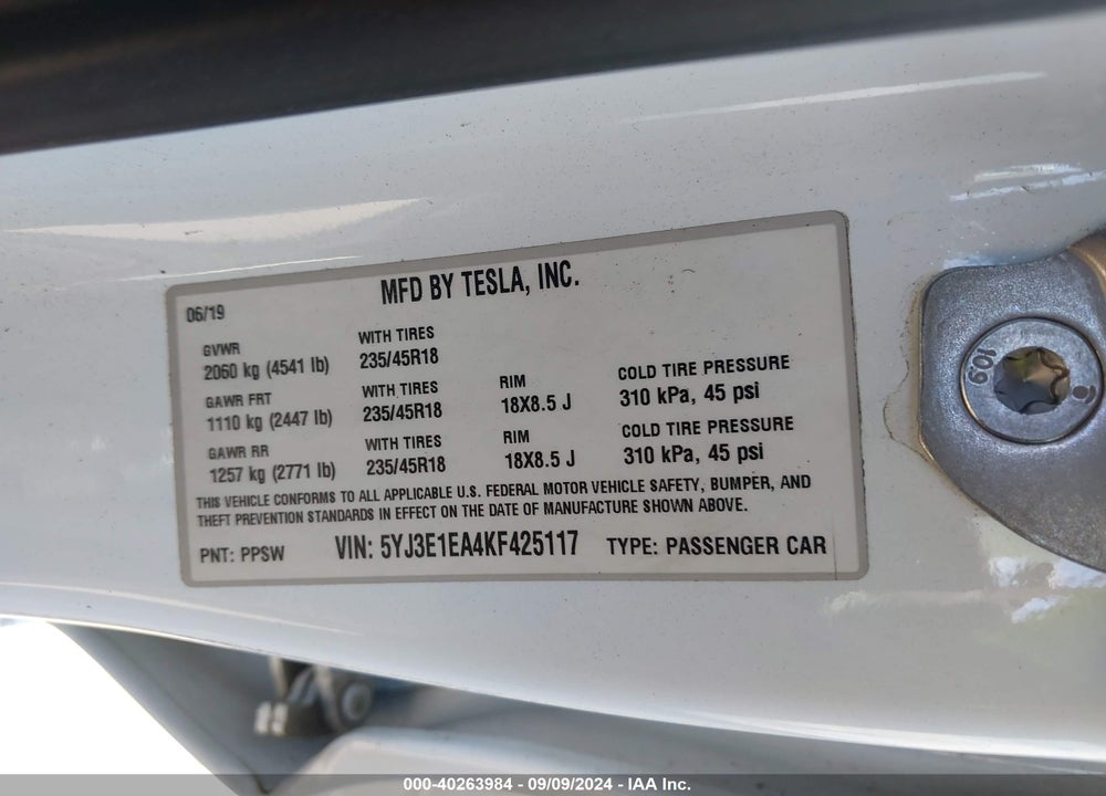 2019 TESLA MODEL 3 LONG RANGE/MID RANGE/STANDARD RANGE/STANDARD RANGE PLUS VIN: 5YJ3E1EA4KF425117