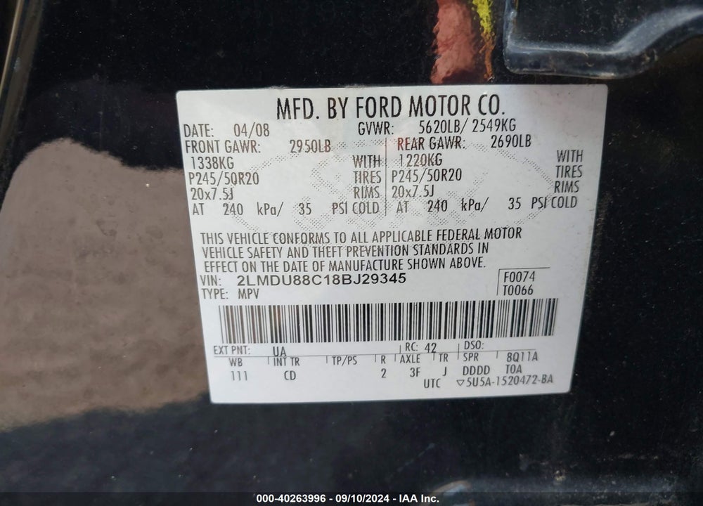 2008 LINCOLN MKX VIN: 2LMDU88C18BJ29345