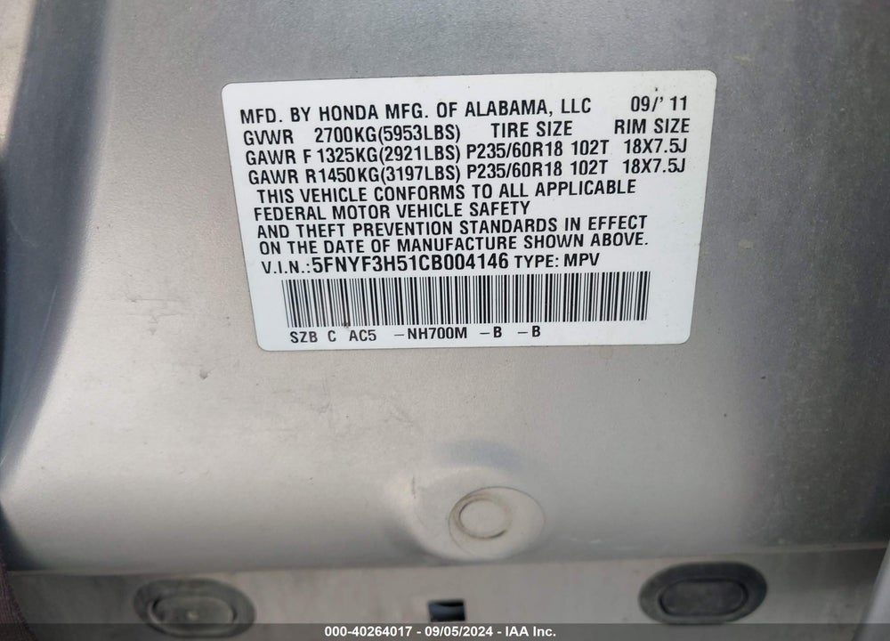 2012 HONDA PILOT EX-L VIN: 5FNYF3H51CB004146