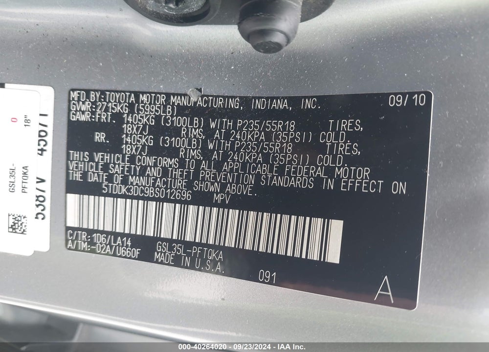 2011 TOYOTA SIENNA LIMITED VIN: 5TDDK3DC9BS012696