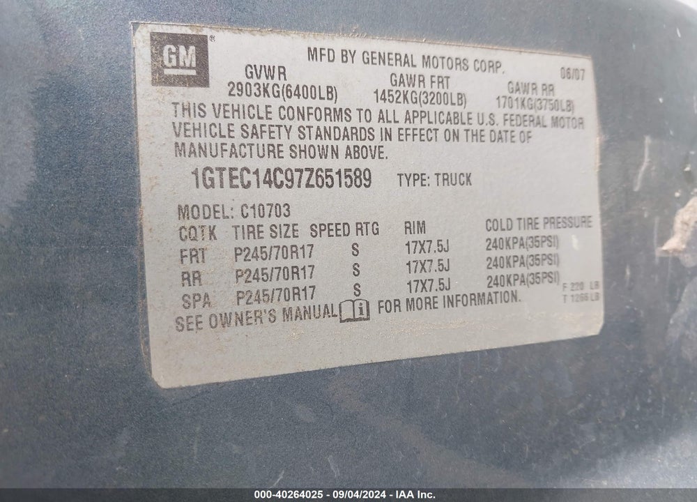 2007 GMC SIERRA 1500 WORK TRUCK VIN: 1GTEC14C97Z651589