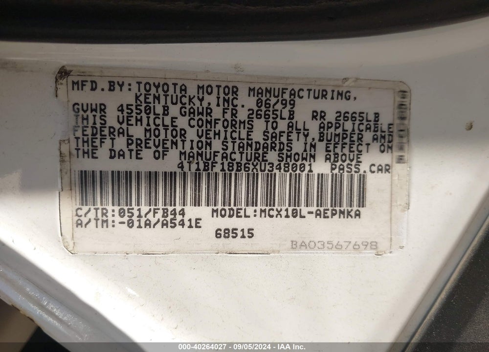 1999 TOYOTA AVALON XL VIN: 4T1BF18B6XU348001