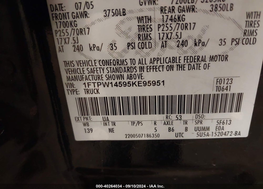 2005 FORD F-150 FX4/LARIAT/XLT VIN: 1FTPW14595KE95951
