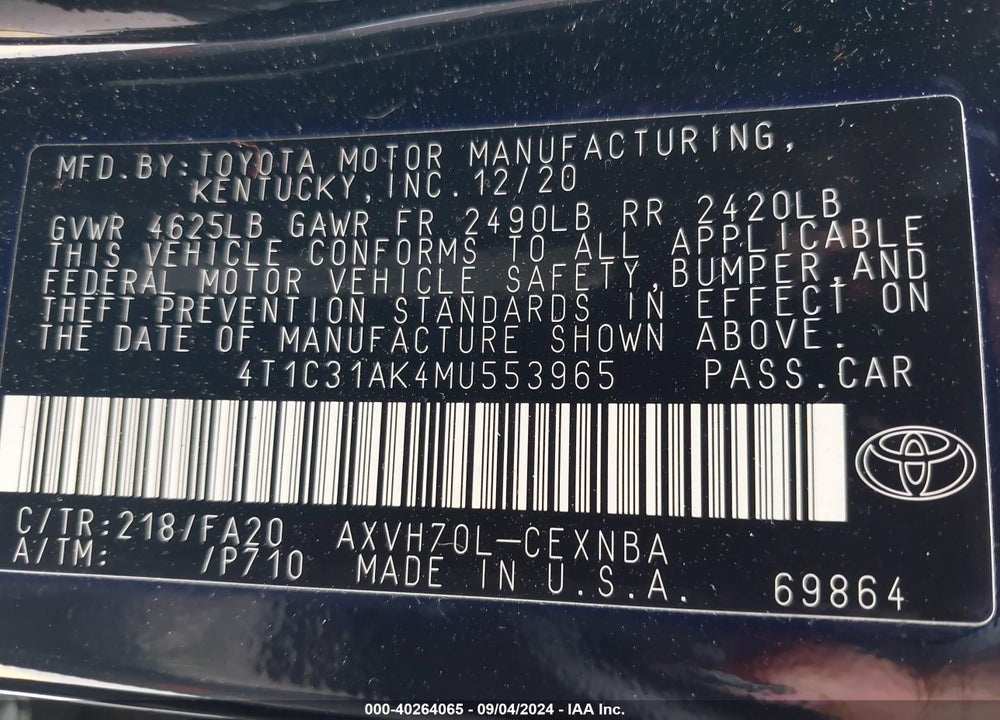 2021 TOYOTA CAMRY LE HYBRID VIN: 4T1C31AK4MU553965