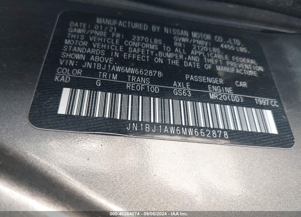 2021 NISSAN ROGUE SPORT S AWD XTRONIC CVT VIN: JN1BJ1AW6MW662878