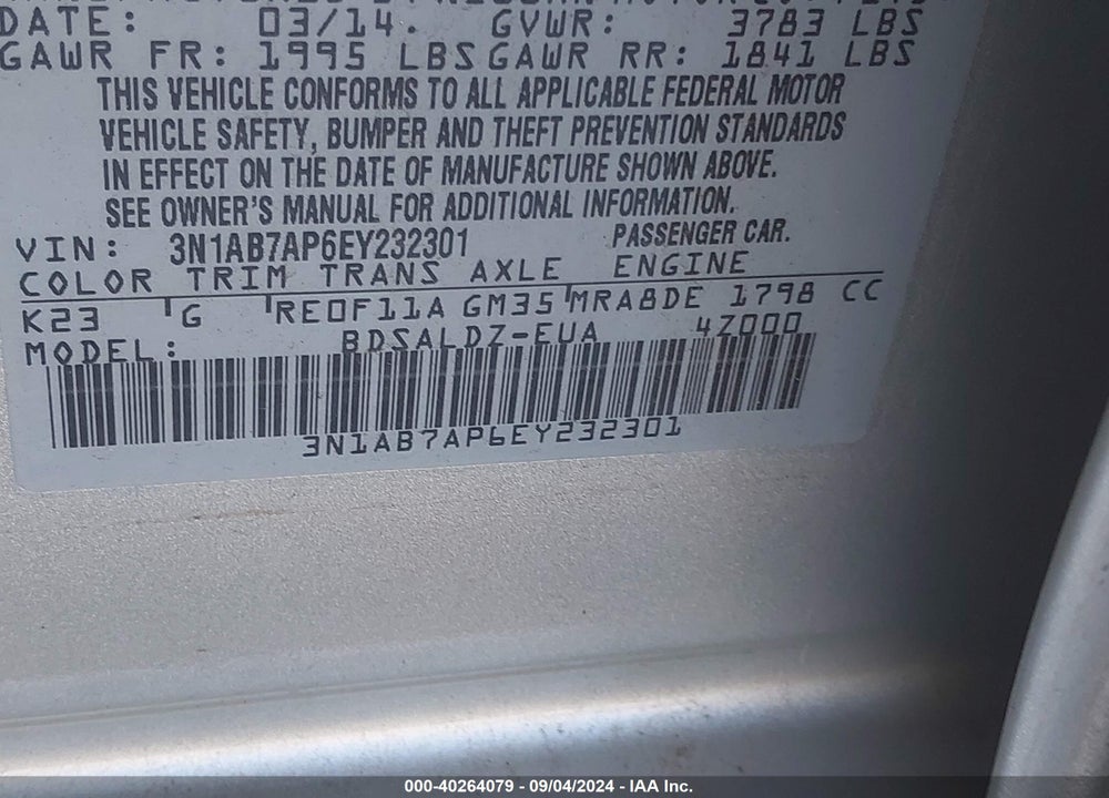 2014 NISSAN SENTRA SV VIN: 3N1AB7AP6EY232301