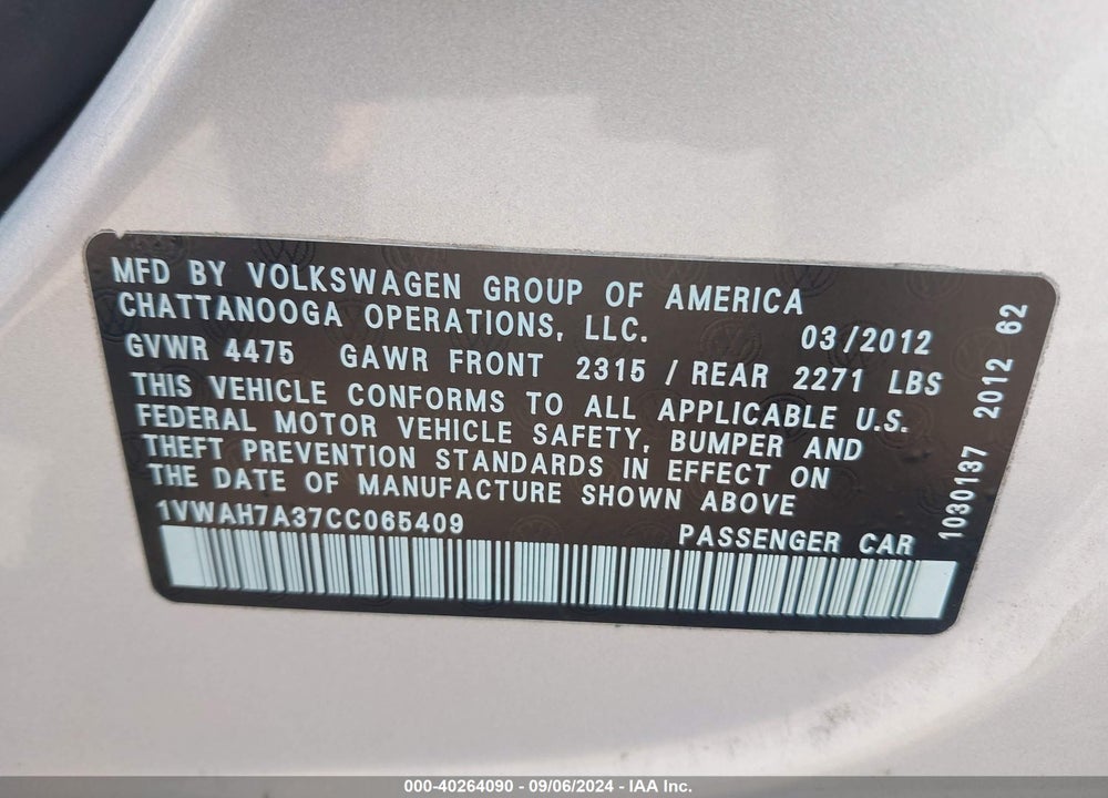 2012 VOLKSWAGEN PASSAT 2.5L S VIN: 1VWAH7A37CC065409
