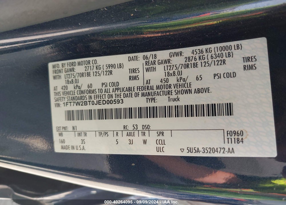 2018 FORD F-250 XLT VIN: 1FT7W2BT0JED00593