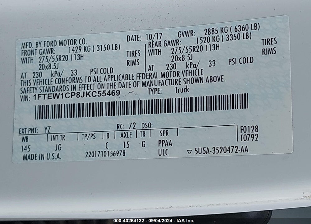 2018 FORD F-150 XL VIN: 1FTEW1CP8JKC55469