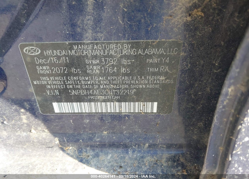 2012 HYUNDAI ELANTRA LIMITED VIN: 5NPDH4AE3CH132219