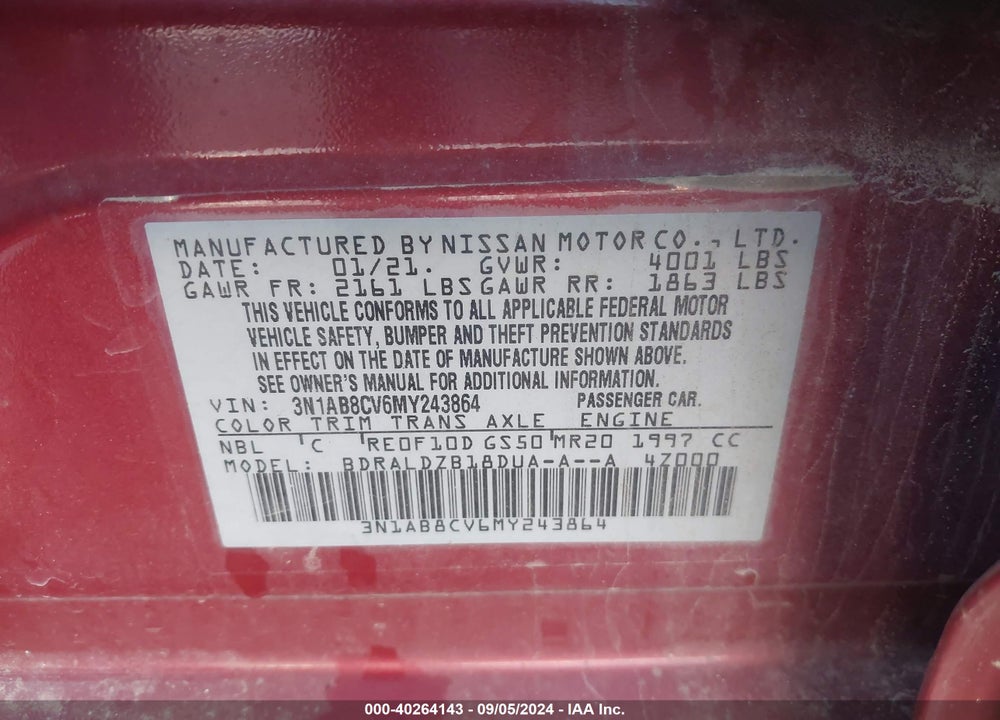 2021 NISSAN SENTRA SV XTRONIC CVT VIN: 3N1AB8CV6MY243864
