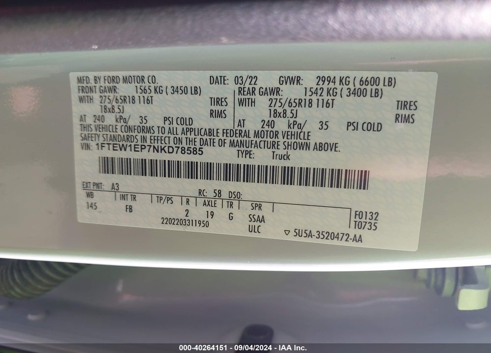 2022 FORD F-150 VIN: 1FTEW1EP7NKD78585