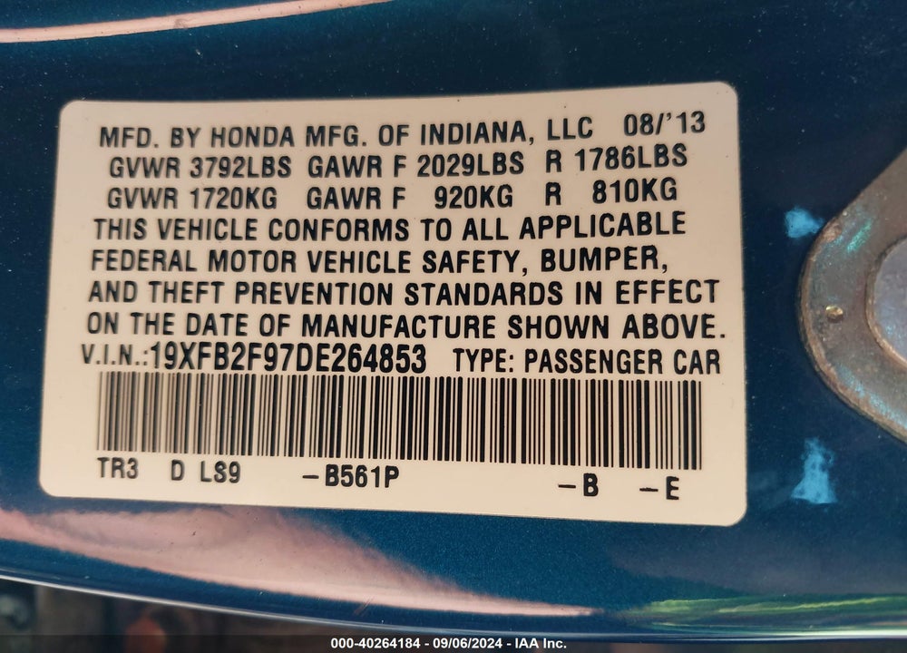 2013 HONDA CIVIC EX-L VIN: 19XFB2F97DE264853