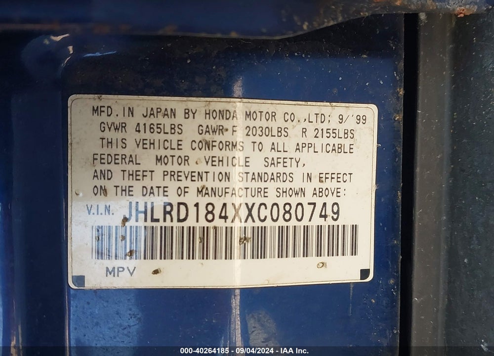1999 HONDA CR-V LX VIN: JHLRD184XXC080749