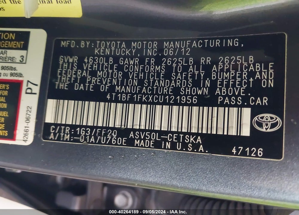 2012 TOYOTA CAMRY SE VIN: 4T1BF1FKXCU121956