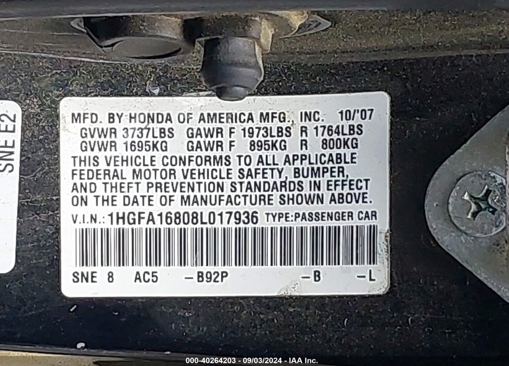 2008 HONDA CIVIC EX VIN: 1HGFA16808L017936