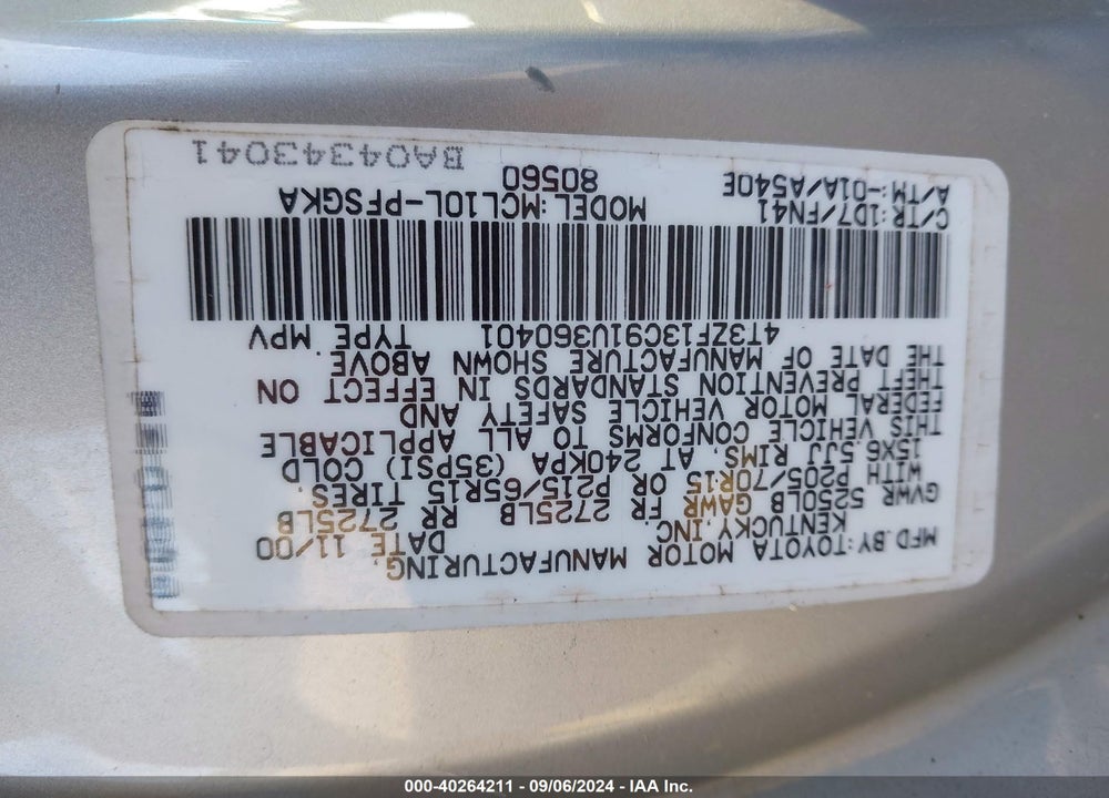 2001 TOYOTA SIENNA VIN: 4T3ZF13C91U360401