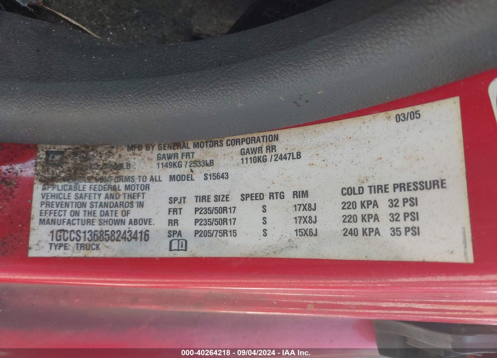 2005 CHEVROLET COLORADO LS VIN: 1GCCS136858243416