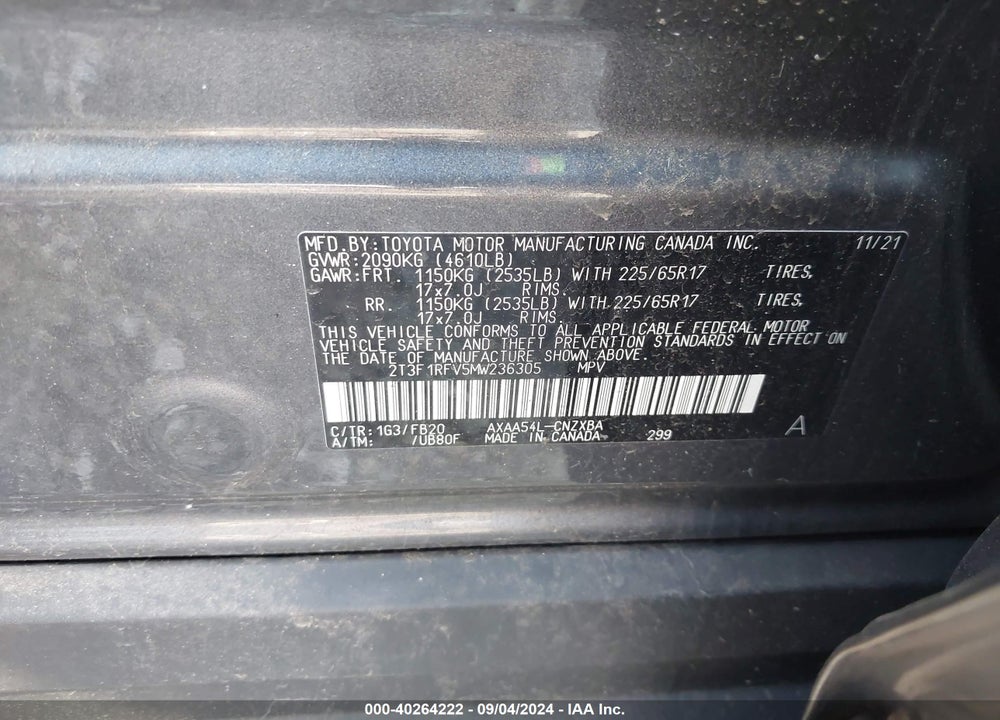 2021 TOYOTA RAV4 LE VIN: 2T3F1RFV5MW236305