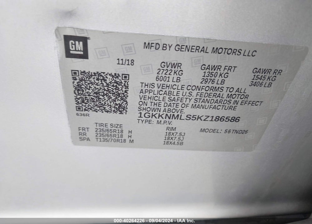 2019 GMC ACADIA SLT-1 VIN: 1GKKNMLS5KZ186586
