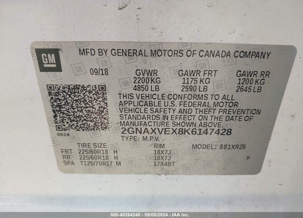 2019 CHEVROLET EQUINOX LT VIN: 2GNAXVEX8K6147428