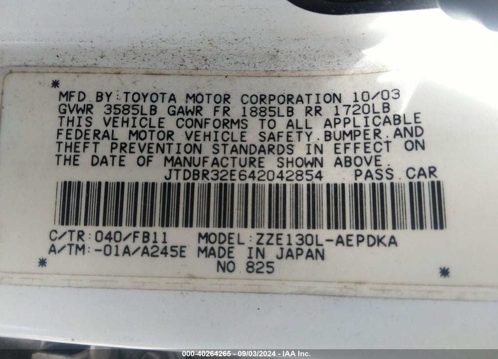 2004 TOYOTA COROLLA CE VIN: JTDBR32E642042854