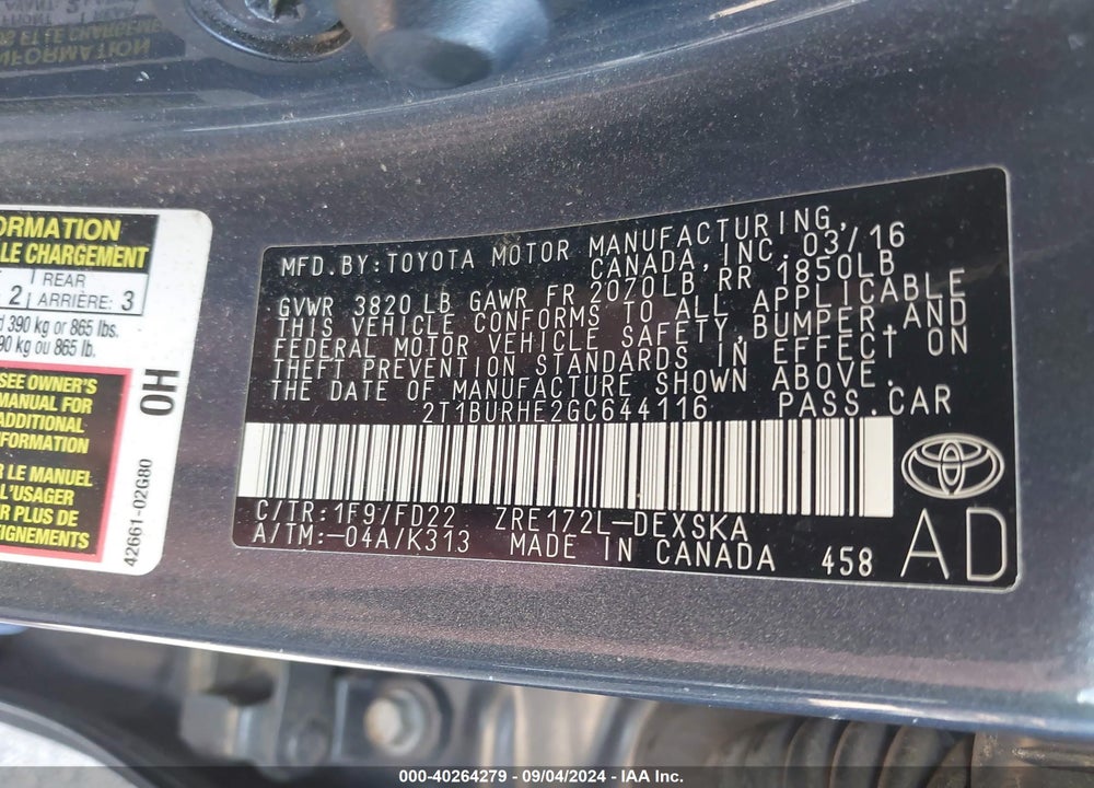 2016 TOYOTA COROLLA VIN: 2T1BURHE2GC644116