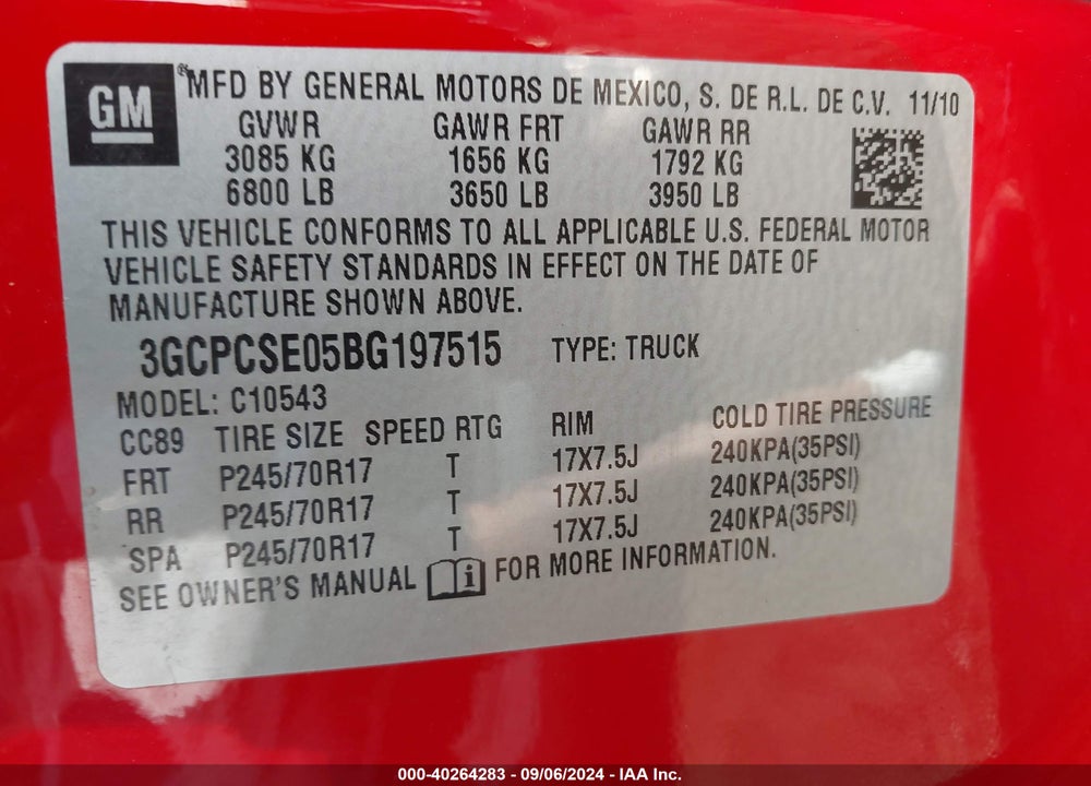 2011 CHEVROLET SILVERADO 1500 LT VIN: 3GCPCSE05BG197515