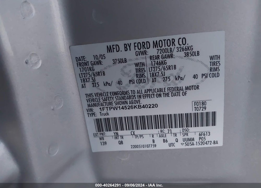 2006 FORD F-150 FX4/LARIAT/XLT VIN: 1FTPW14526KB40220