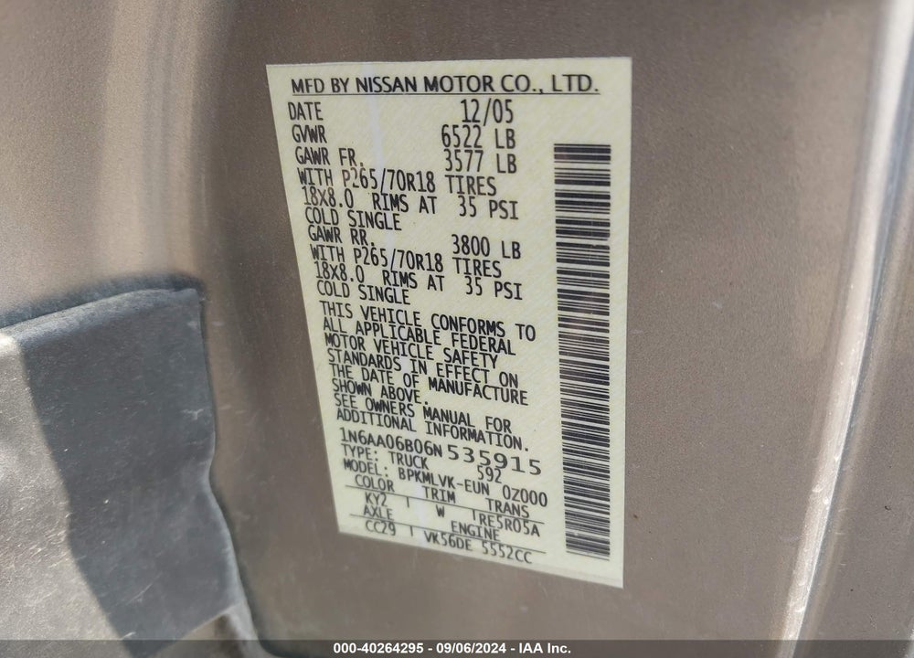2006 NISSAN TITAN LE VIN: 1N6AA06B06N535915