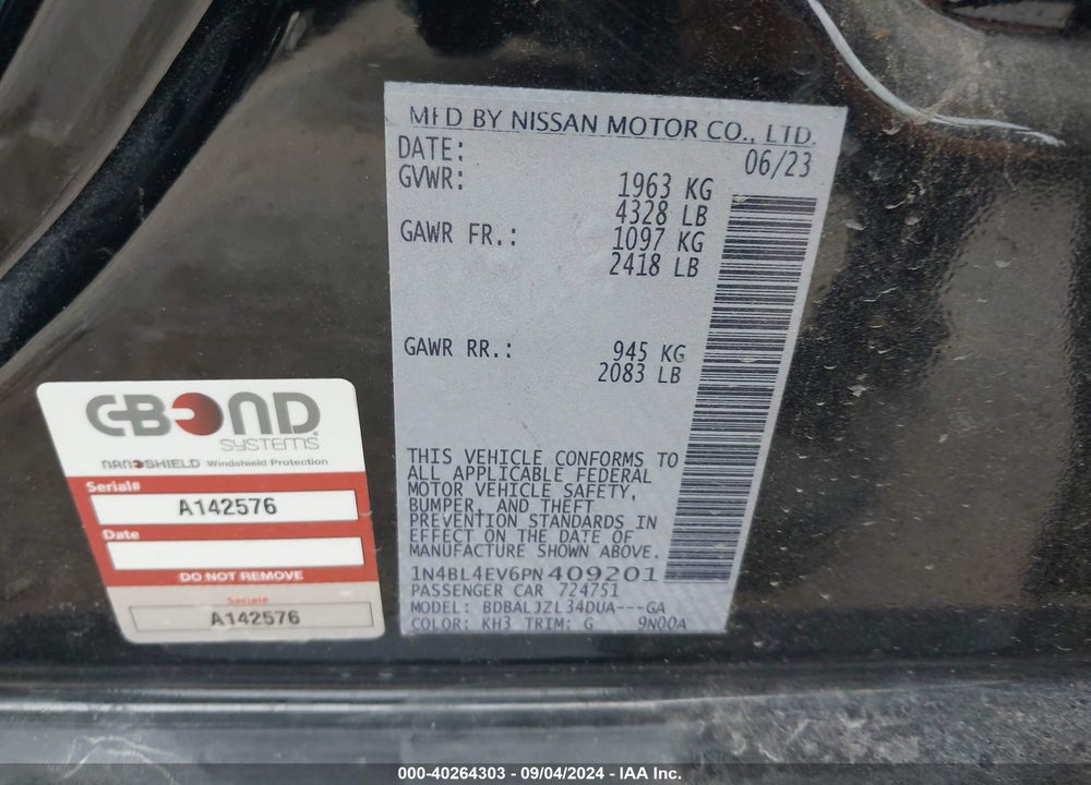 2023 NISSAN ALTIMA SL FWD VIN: 1N4BL4EV6PN409201