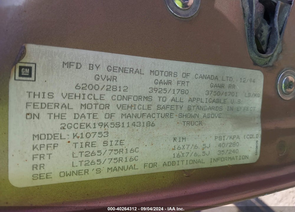 1995 CHEVROLET GMT-400 K1500 VIN: 2GCEK19K5S1143186