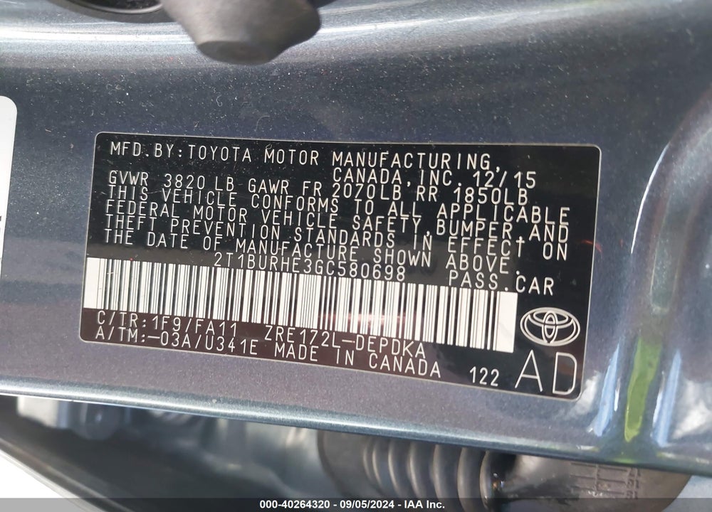2016 TOYOTA COROLLA L VIN: 2T1BURHE3GC580698