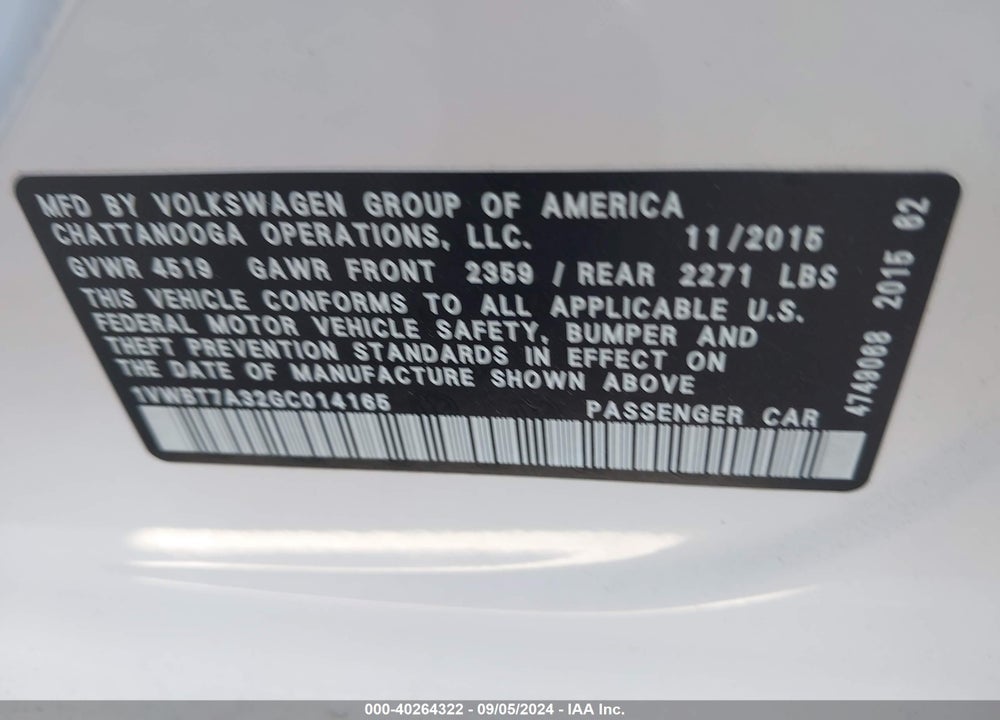 2016 VOLKSWAGEN PASSAT 1.8T SE VIN: 1VWBT7A32GC014165