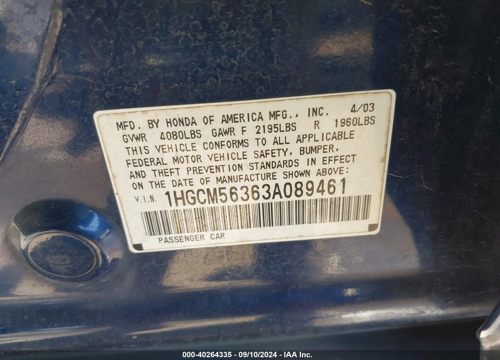 2003 HONDA ACCORD 2.4 LX VIN: 1HGCM56363A089461